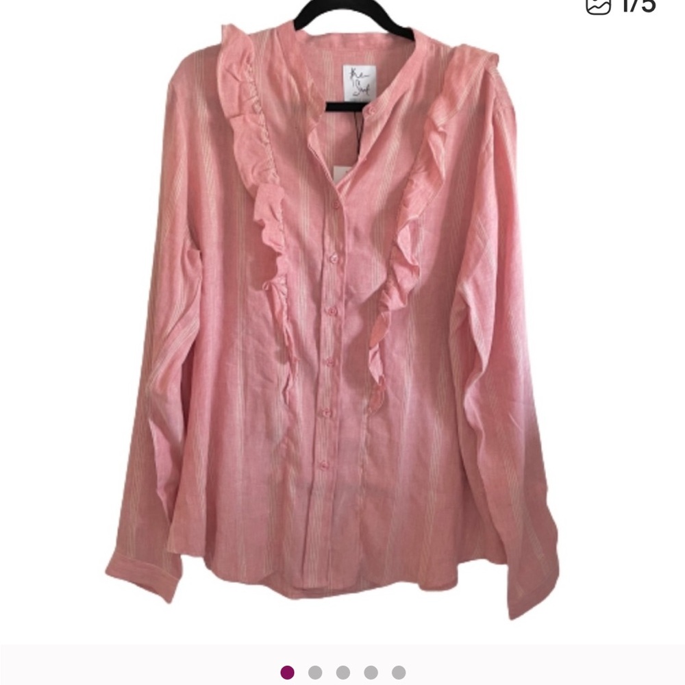 NWT The Shirt Rochelle Behrens Linen Ruffle Striped Button down shirt XL